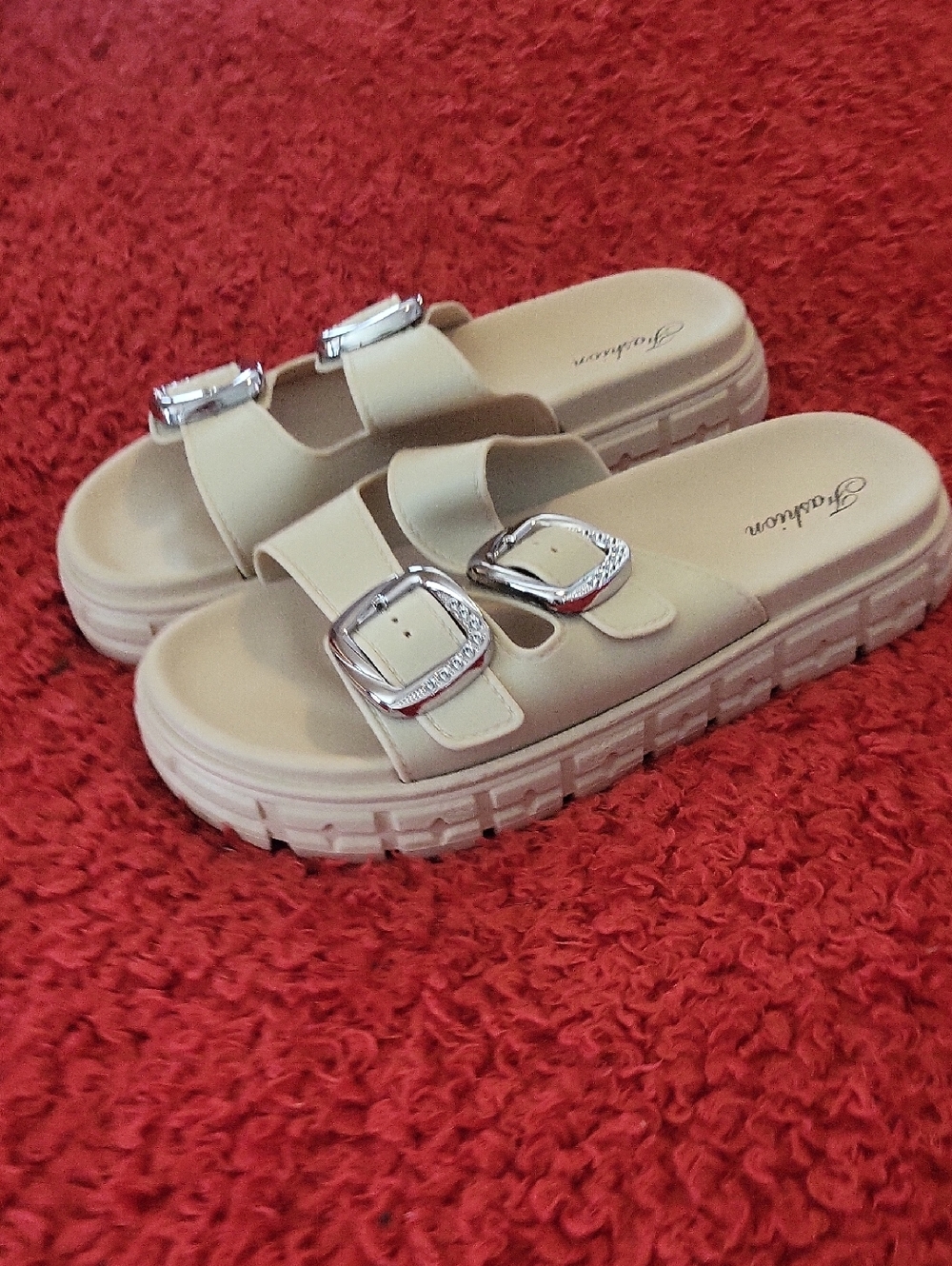 SHEIN Cream Double Buckle Platform Slide Sandals